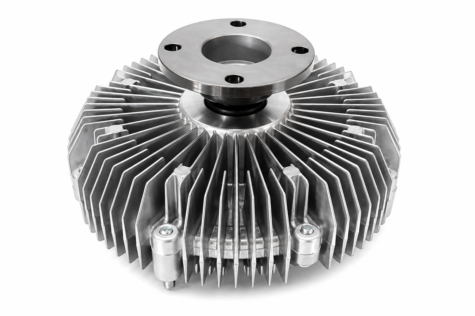 A356 aluminum cast finned fan clutch housing with a machined mounting flange and radial cooling fins on a white background.