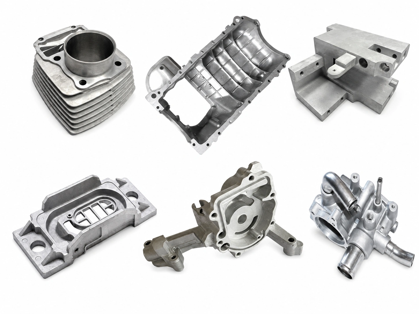 Custom aluminum die-cast parts, including engine housings, cylinder components, brackets, covers, and precision automotive castings on a white background.