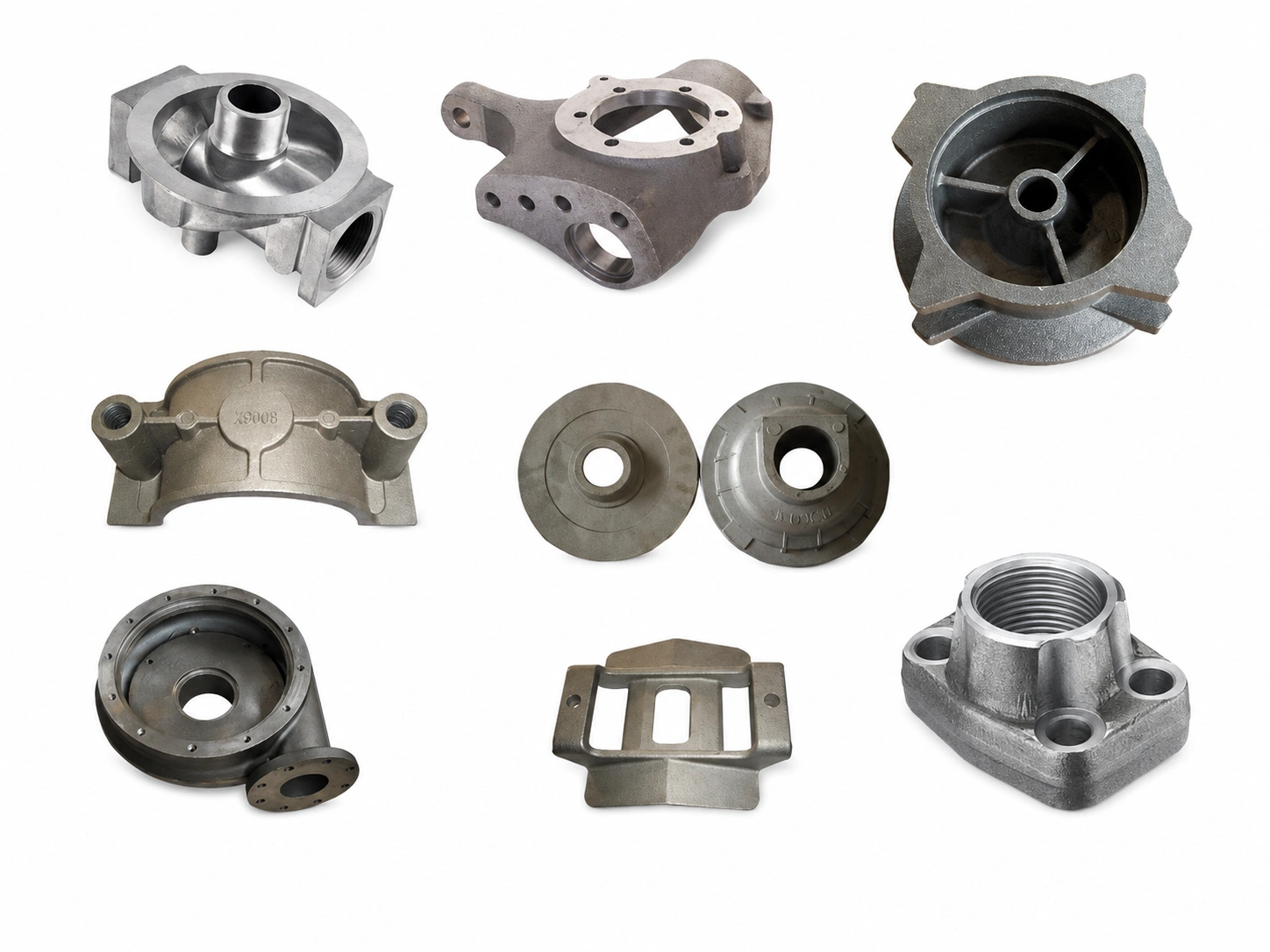 Custom metal sand casting parts, including pump housings, flanges, brackets, threaded fittings, and industrial components on a white background.