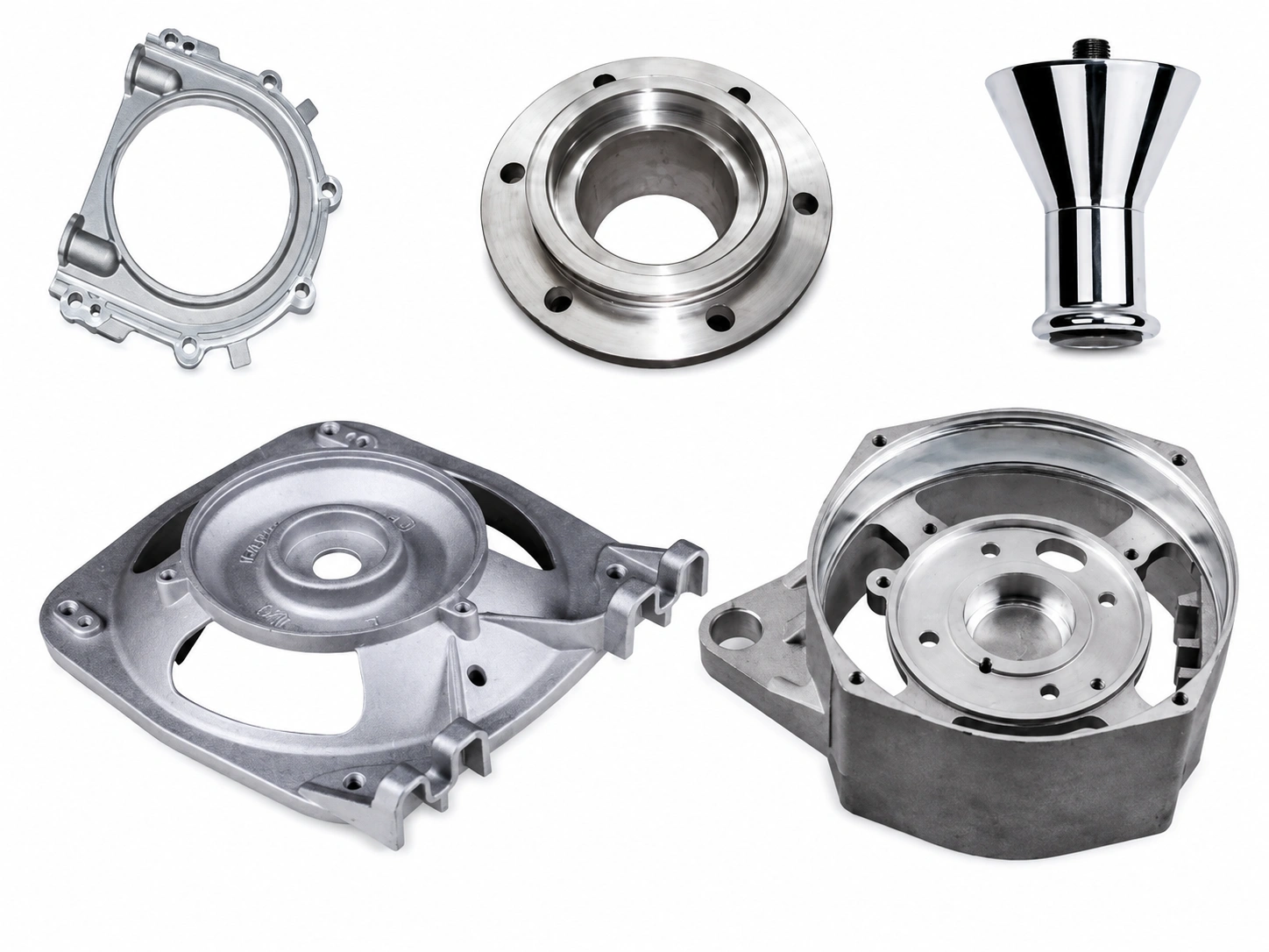 Custom zinc die-cast parts, including precision housings, flanges, covers, and industrial mechanical components on a white background.