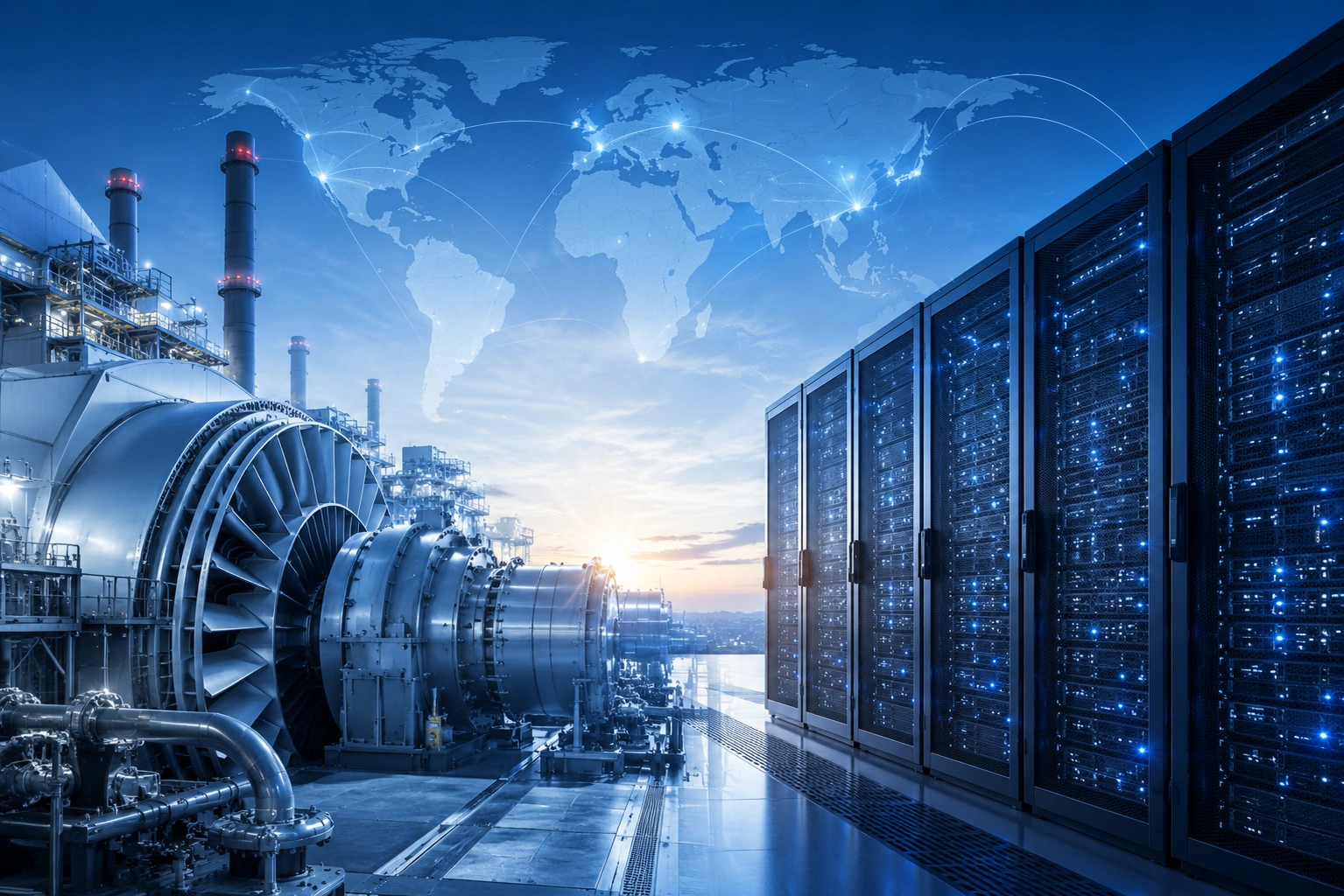 Data center power infrastructure with industrial turbine generators, server racks, and a global digital network supporting high-demand computing operations.