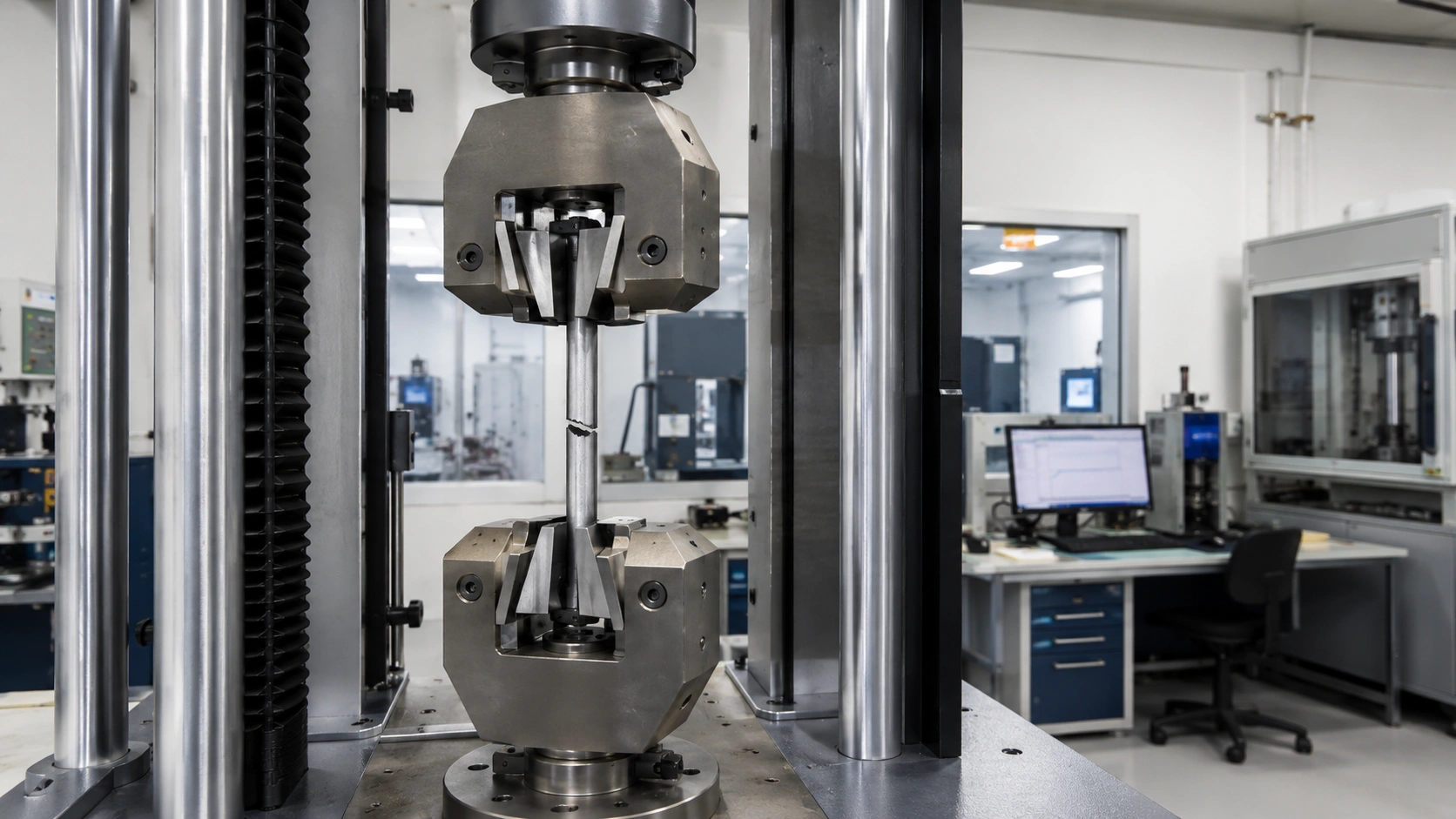 Universal testing machine performing destructive tensile testing on a metal specimen to measure strength and material performance.