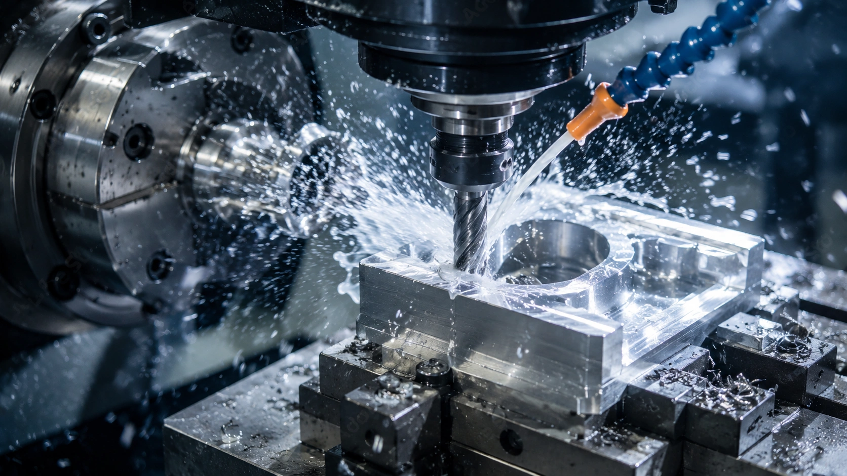 High-precision 5-axis CNC milling operation on a Super Duplex stainless steel component with coolant spray.