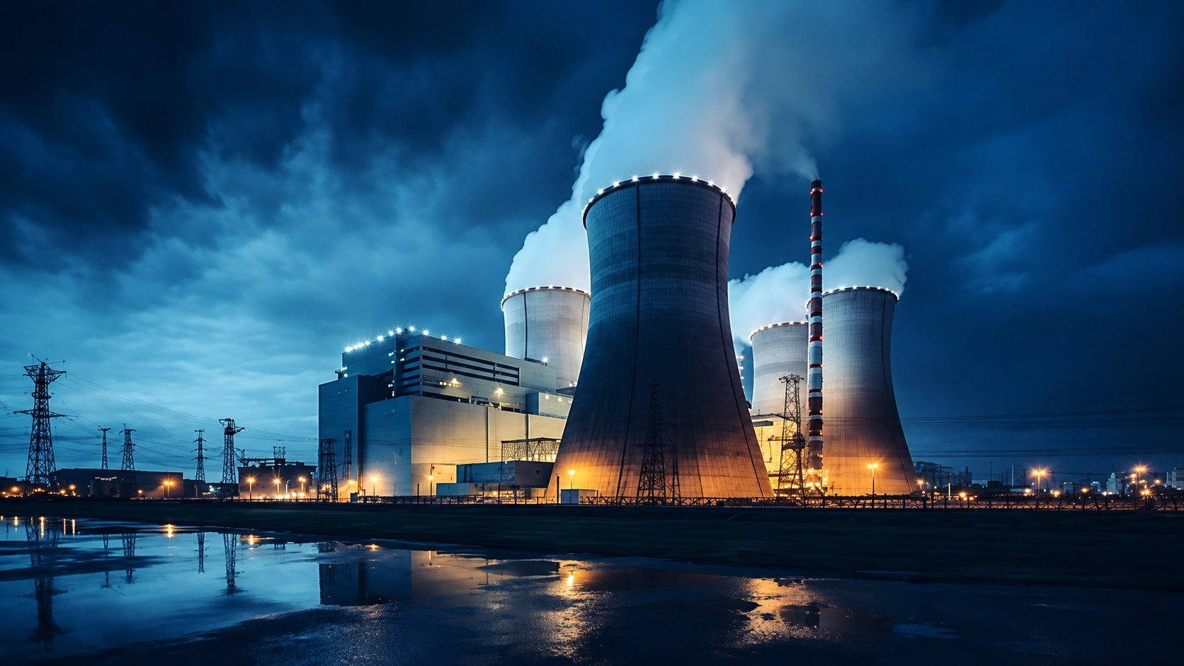 Nuclear power plant with illuminated cooling towers, steam plumes, and electrical transmission infrastructure at night.