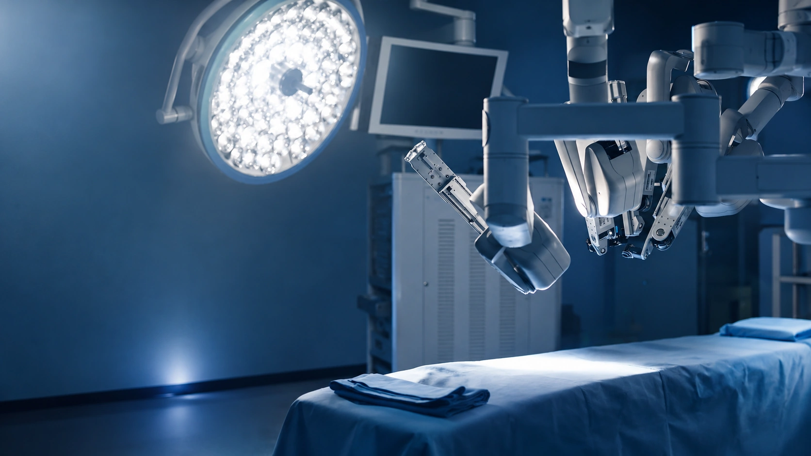 Wide view of a robotic surgical system, operating table, and surgical light inside a modern hospital operating room.