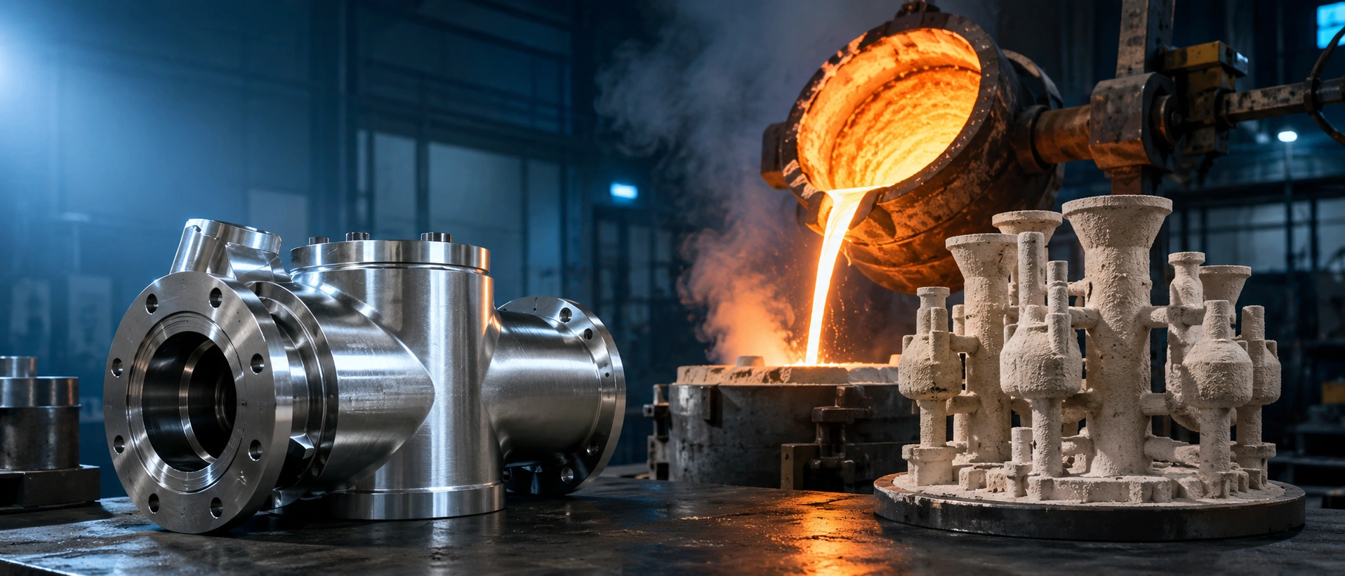 Stainless steel casting hero image showing a finished precision cast component, ceramic shell tree, and molten metal pouring in a modern foundry