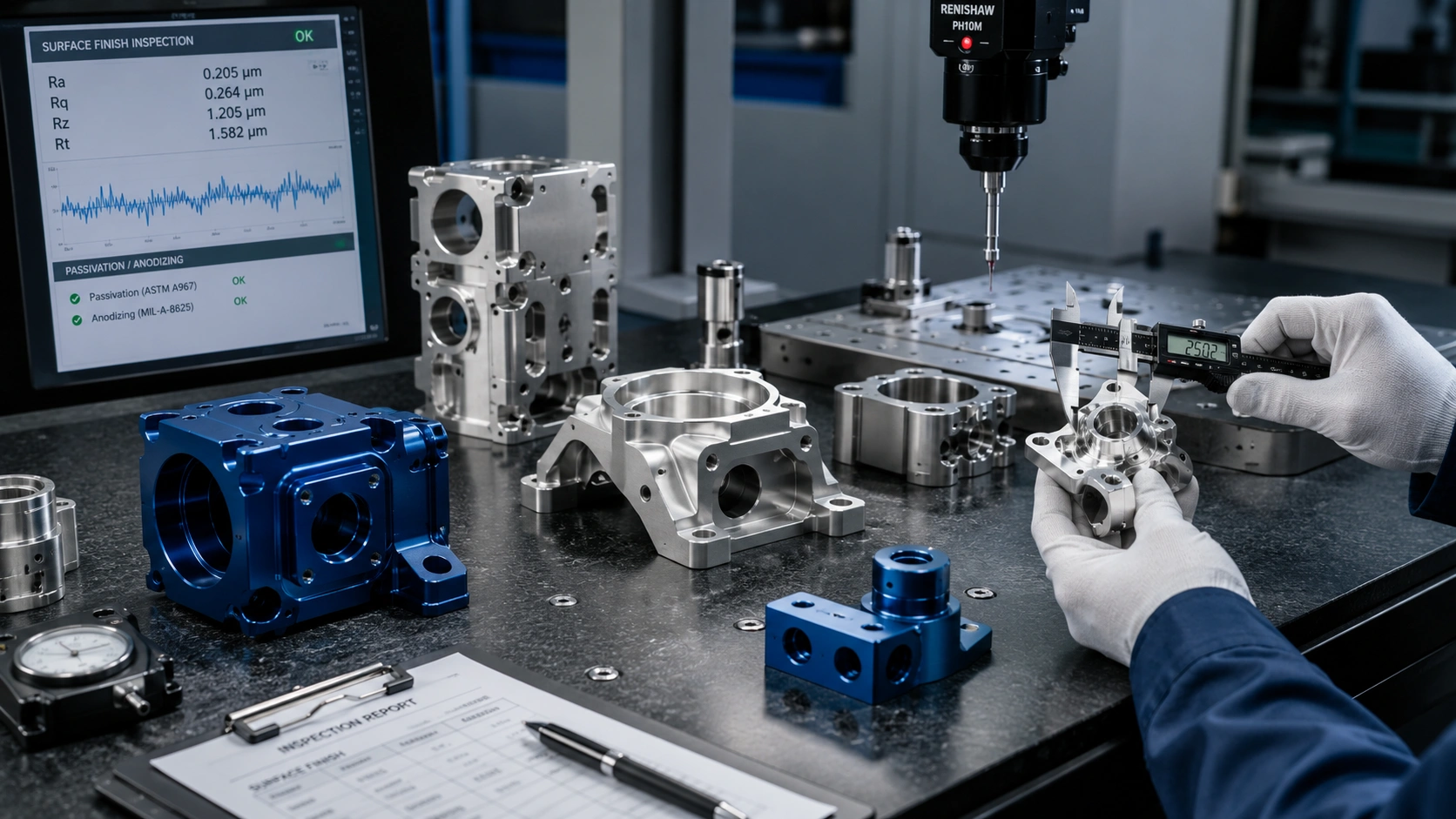 High-precision passivated and anodized metal components undergoing quality inspection for surface finishing.